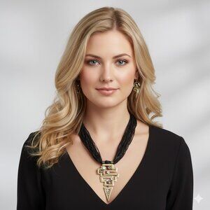 Chinese Symbol Black and Gold Necklace and Earring Set
